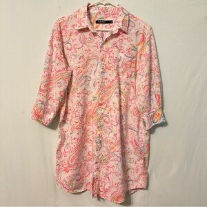 Lauren Ralph Lauren Womens Sz L Button Up Blouse Tunic Pink Paisley Elbow Sleeve